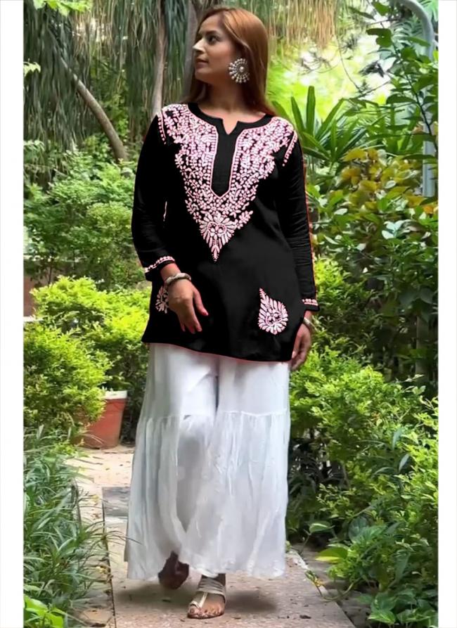 Rayon Black Casual Wear Embroidery Work Readymade Kurti With Sharara